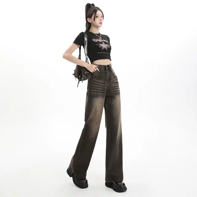 玫丝朵 复古水洗做旧高腰阔腿直筒宽松牛仔裤 女款 碳灰色