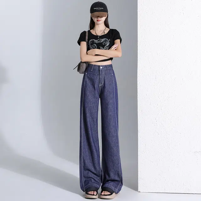 玫丝朵 复古美式宽松高腰直筒设计感显瘦阔腿裤 牛仔裤 女款