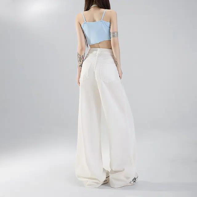 玫丝朵 美式纯色简约设计宽松百搭阔腿牛仔裤 女款