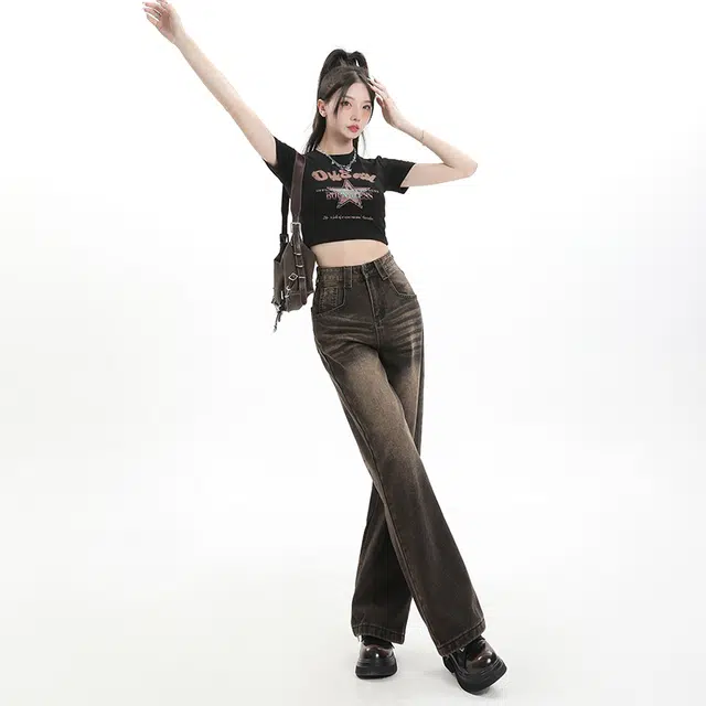 玫丝朵 复古水洗做旧高腰阔腿直筒宽松牛仔裤 女款 碳灰色