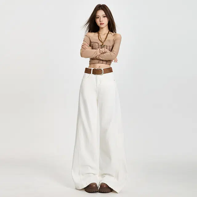 玫丝朵 韩系新潮慵懒风通勤百搭简约立体裁剪侧口袋时髦高腰宽松阔腿牛仔裤 女款