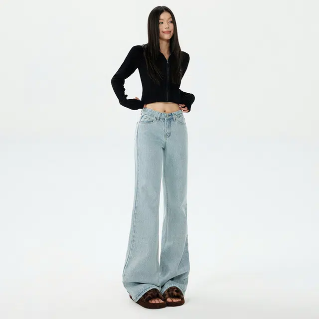 玫丝朵 复古直筒高腰宽松垂感拖地牛仔裤 女款 浅蓝色