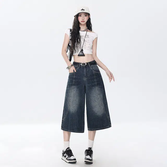 玫丝朵 美式复古高腰宽松七分直筒牛仔短裤  女款