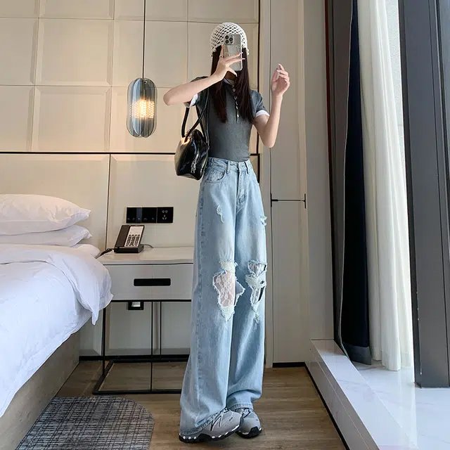 玫丝朵 美式辣妹破洞蕾丝高腰宽松百搭直筒牛仔裤 女款