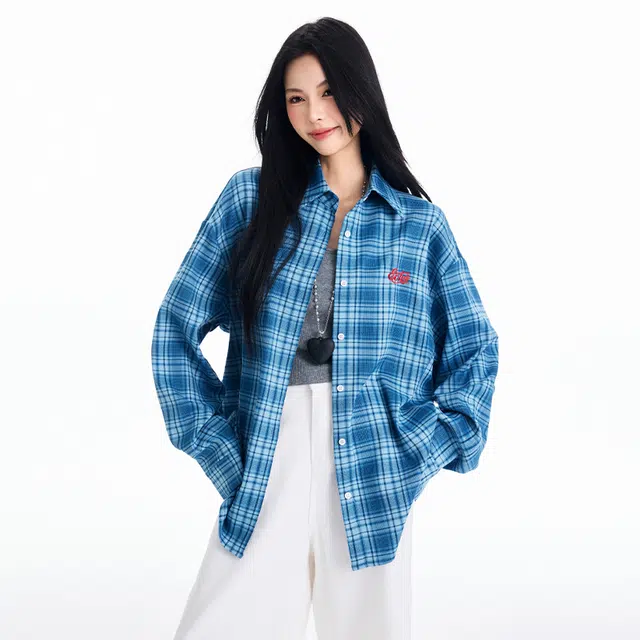 玫丝朵 休闲宽松格子长袖衬衫 女款 蓝色