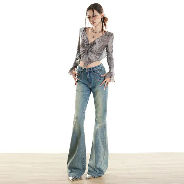 玫丝朵 美式复古微喇叭低腰做旧辣妹百搭弹力牛仔裤 女款