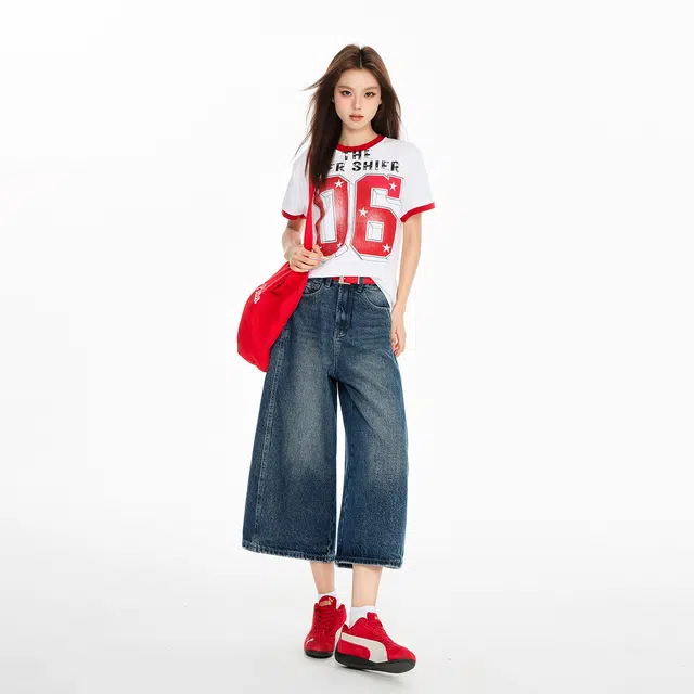 玫丝朵 美式复古做旧质感高腰宽松直筒七分牛仔短裤 女款