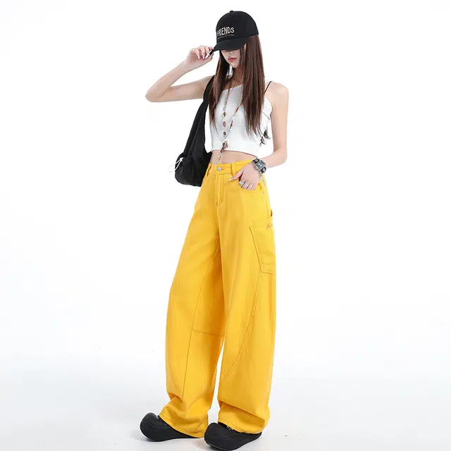 玫丝朵 美式复古高腰多巴胺宽松阔腿弯刀刺绣牛仔裤 女款