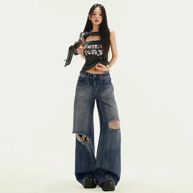 玫丝朵 美式复古潮流破洞阔腿高街直筒宽松牛仔裤 女款