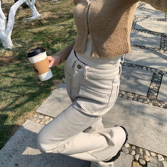 玫丝朵 高腰简约舒适纯色休闲牛仔裤 女款 杏色
