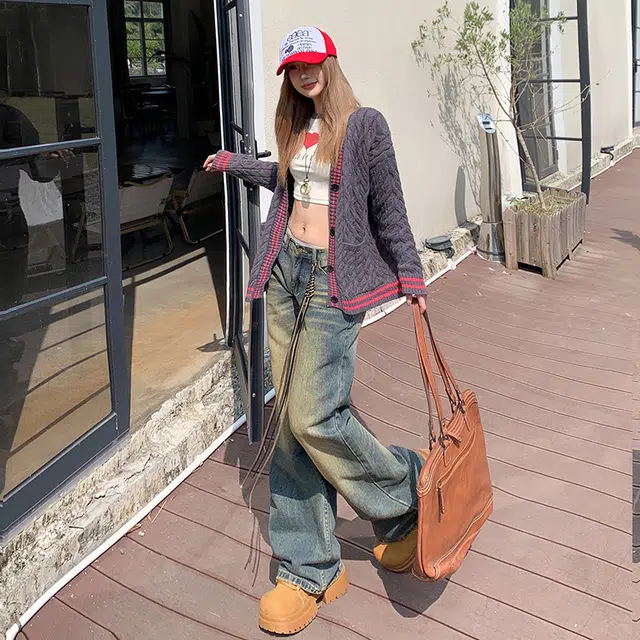 玫丝朵 美式高街直筒复古做旧宽松低腰牛仔裤 女款