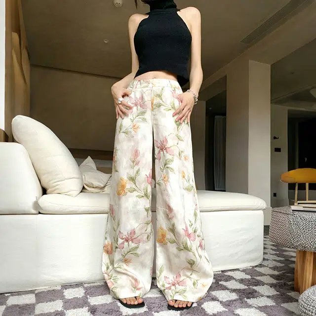 玫丝朵 韩系老钱风松弛感裤子女夏季薄款时尚花卉百搭宽松直筒拖地休闲裤 女款