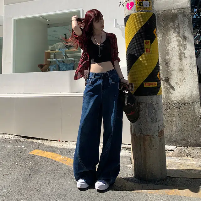 玫丝朵 日系少年感街头弯刀拼接牛仔裤 女款