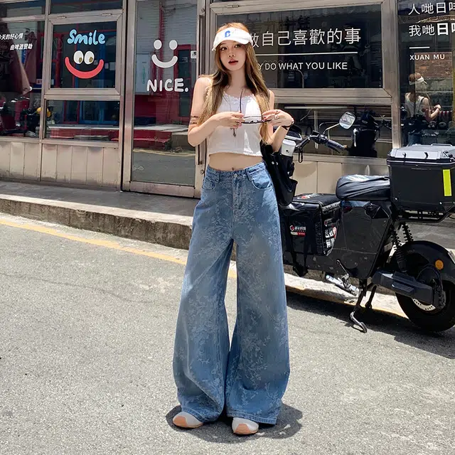 玫丝朵 美式复古小众提花设计感高腰宽松阔腿牛仔裤 女款