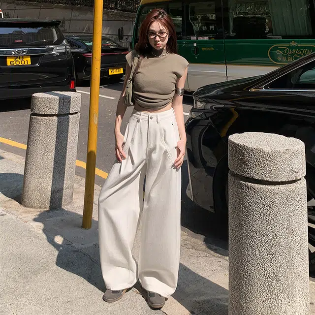 玫丝朵 潮流百搭设计感纯色美式复古宽松褶皱阔腿休闲直筒牛仔裤 女款