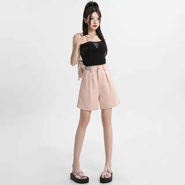 玫丝朵 纯色高腰直筒宽松垂感舒适五分牛仔短裤 女款