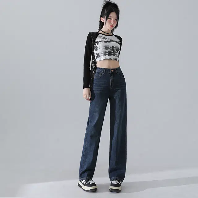 玫丝朵 美式复古做旧高腰宽松直筒阔腿牛仔裤 女款