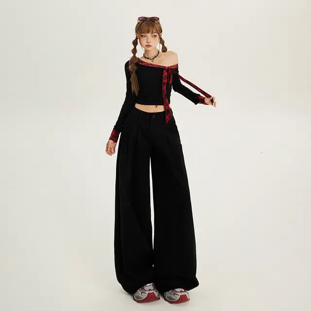 玫丝朵 纯色复古褶皱百搭高腰宽松直筒阔腿拖地牛仔裤 女款 黑色