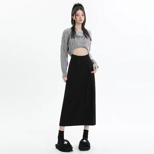 玫丝朵 黑色高腰西装裙显瘦开叉翻边极简风纯色中长款包臀裙休闲长裙 女款