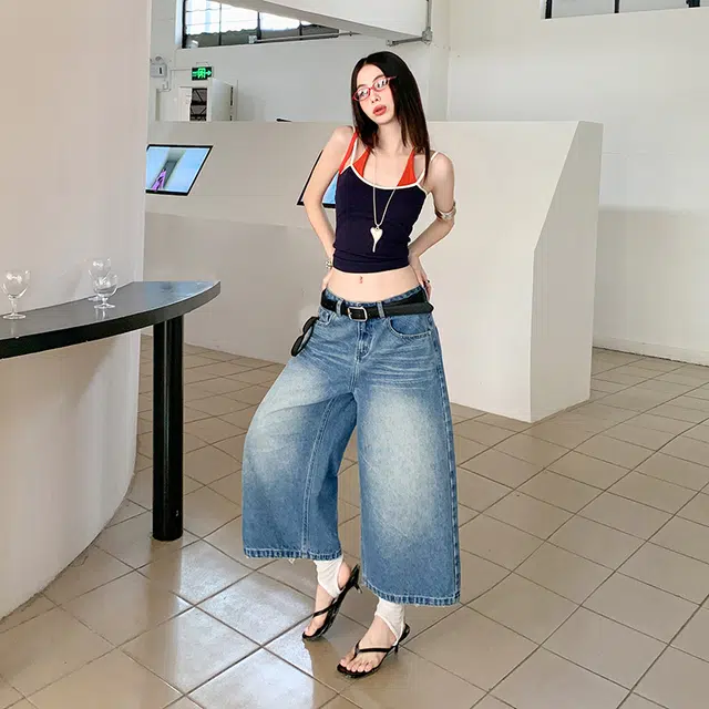 玫丝朵 美式复古做旧设计高腰宽松直筒阔腿七分牛仔短裤 女款