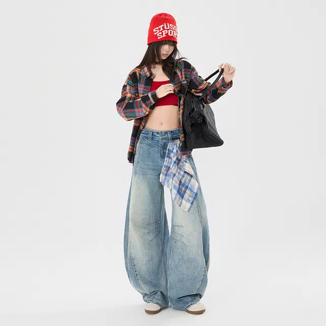 玫丝朵 美式复古高街小众拼接设计低腰宽松阔腿弯刀牛仔裤 女款
