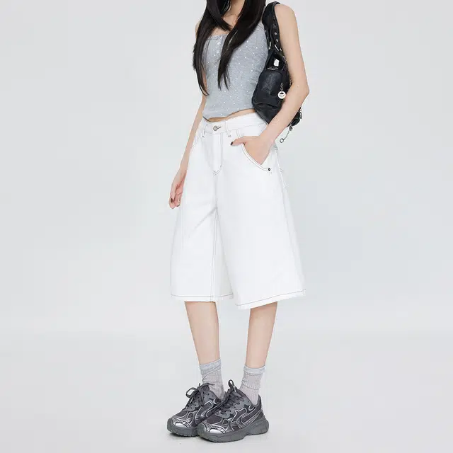 玫丝朵 美式简约百搭设计宽松休闲五分牛仔短裤 女款 白色