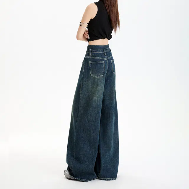 玫丝朵 美式复古超柔宽松高腰提臀百搭阔腿拖地牛仔裤 女款 普鲁士蓝