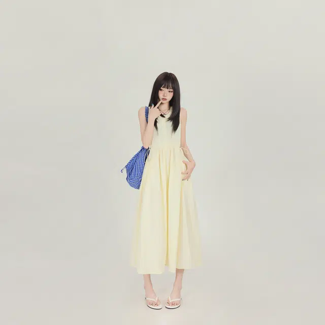 玫丝朵 法式优雅褶皱气质收腰显瘦圆领吊带连衣裙 女款 黄色