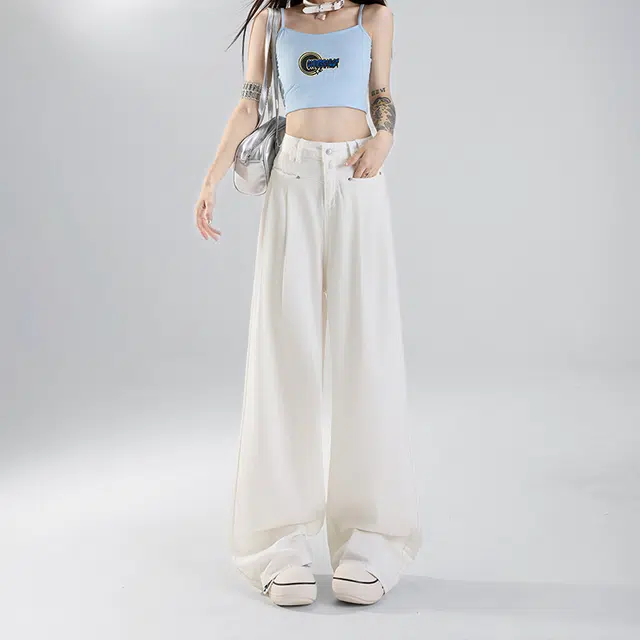 玫丝朵 美式纯色简约设计宽松百搭阔腿牛仔裤 女款