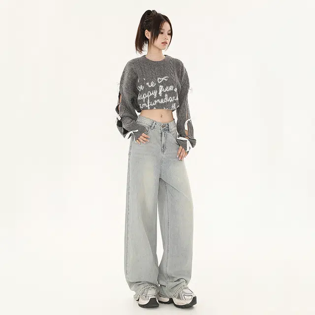 玫丝朵 水洗复古高腰宽松阔腿牛仔裤 女款 怀旧蓝