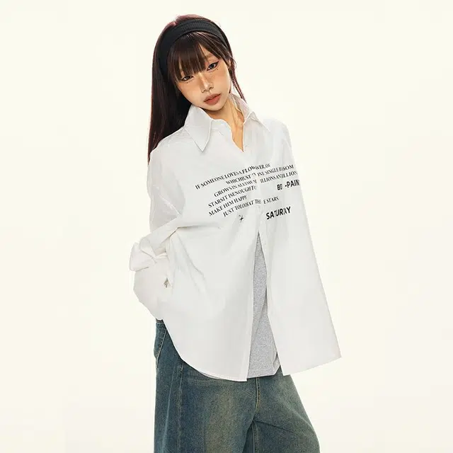 玫丝朵 字母印花设计学院风休闲长袖衬衫 女款 白色