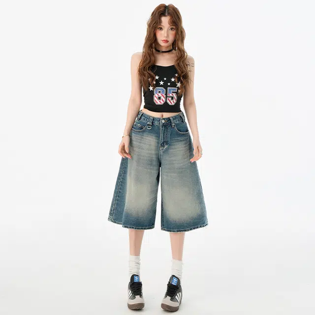 玫丝朵 美式复古七分阔腿高腰宽松显瘦垂感直筒 牛仔短裤 女款