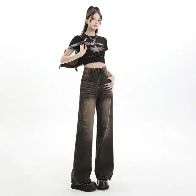 玫丝朵 复古水洗做旧高腰阔腿直筒宽松牛仔裤 女款 碳灰色