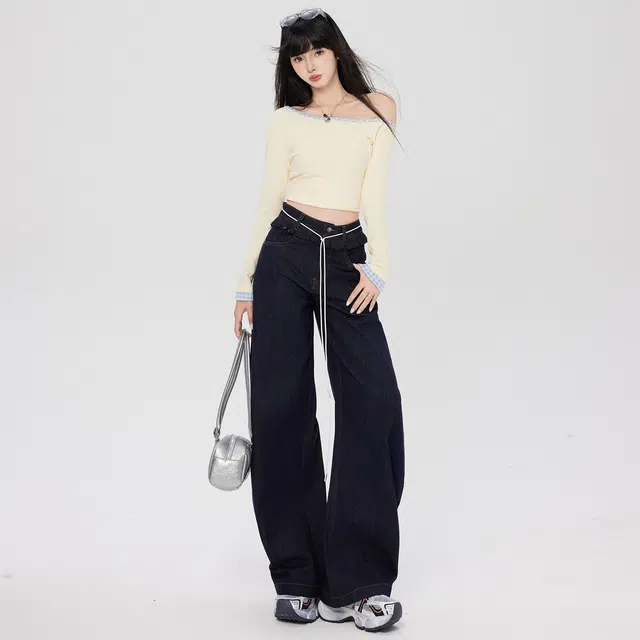 玫丝朵 美式复古拼接设计感高腰宽松显瘦垂感拖地阔腿牛仔裤 女款