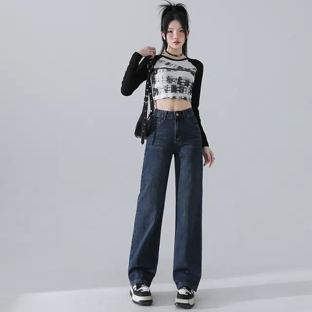 玫丝朵 美式复古做旧高腰宽松直筒阔腿牛仔裤 女款