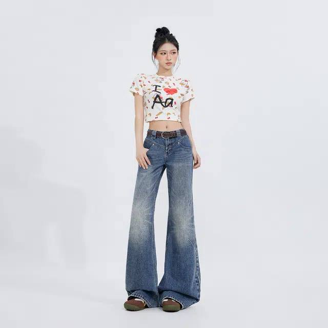 玫丝朵 美式经典时尚设计阔腿减龄百搭宽松牛仔裤 女款 复古蓝