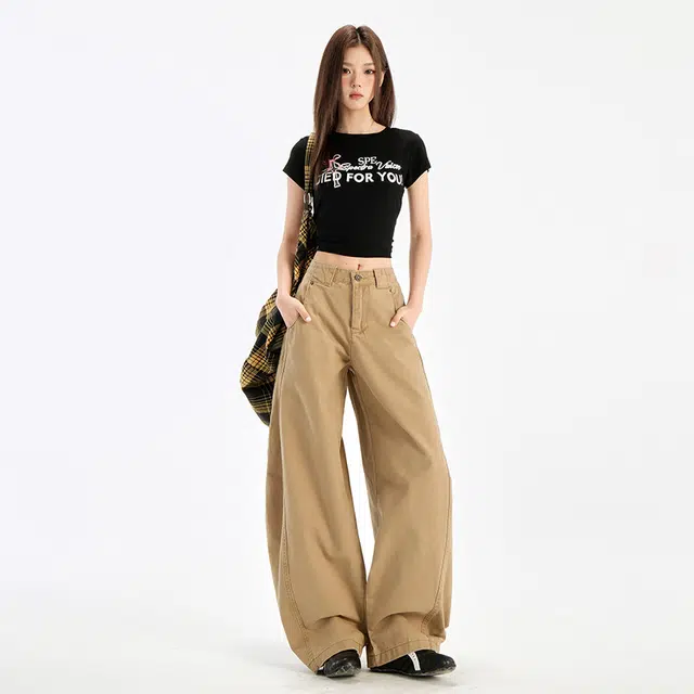 玫丝朵 美式复古学院风百搭高腰宽松阔腿弯刀牛仔裤 女款