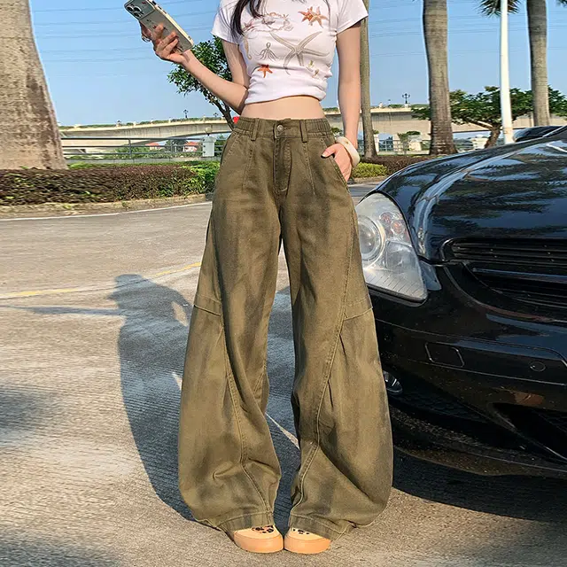 玫丝朵 美式复古宽松弯刀裤高腰阔腿牛仔裤 女款