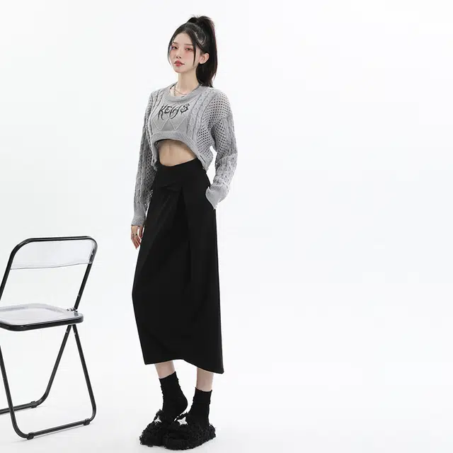 玫丝朵 黑色高腰西装裙显瘦开叉翻边极简风纯色中长款包臀裙休闲长裙 女款