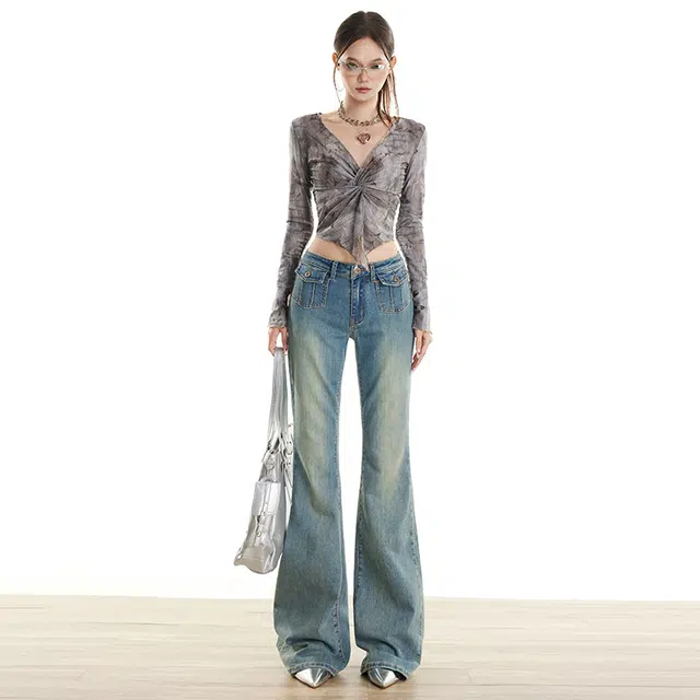 玫丝朵 美式复古微喇叭低腰做旧辣妹百搭弹力牛仔裤 女款