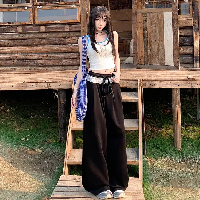 玫丝朵 复古气质蕾丝花边拼接撞色设计高级垂感抽绳慵懒风休闲裤 女款