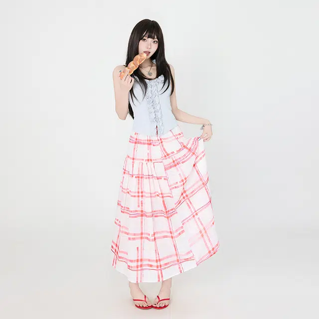 玫丝朵 简约时尚百搭温柔格纹拼接休闲长裙 女款