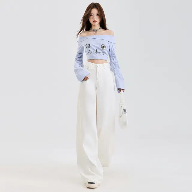 玫丝朵 美式纯色简约百搭宽松阔腿拖地牛仔裤 女款