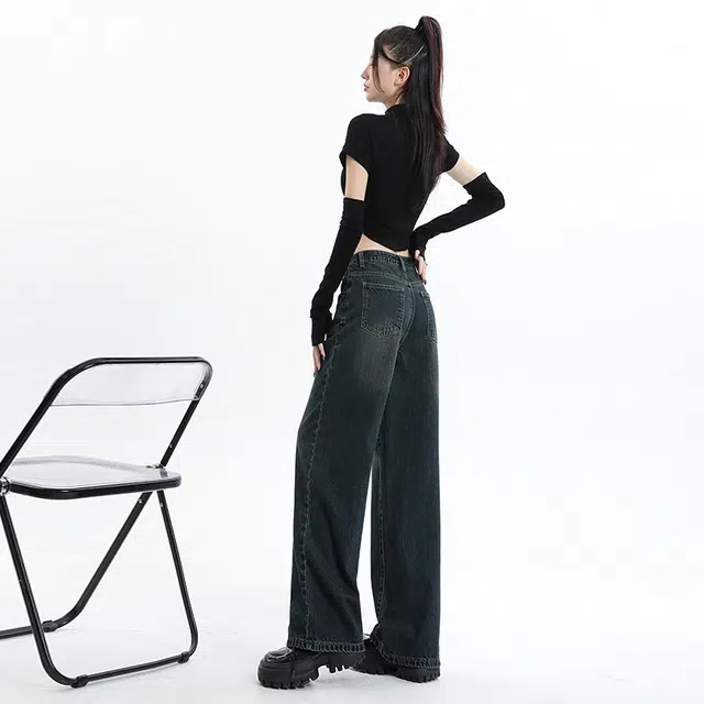 玫丝朵 港风复古拼接口袋鸡眼做旧高腰直筒阔腿牛仔裤 女款 蓝灰色长裤