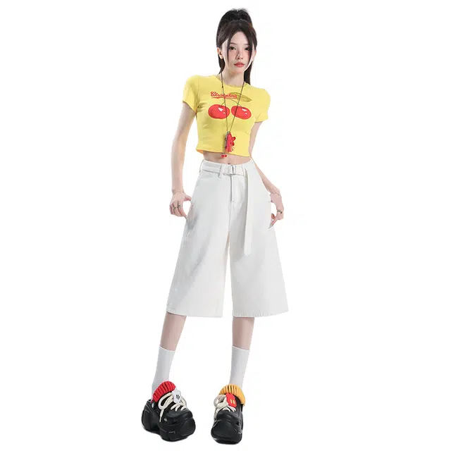 玫丝朵 高腰阔腿宽松显瘦百搭牛仔短裤 女款