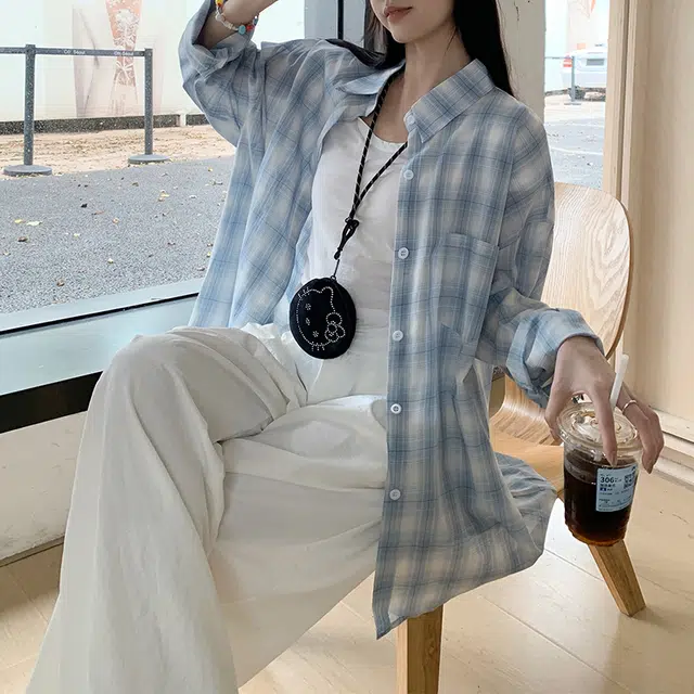 玫丝朵 美式慵懒风开衫格子薄款时尚百搭宽松长袖衬衫 女款