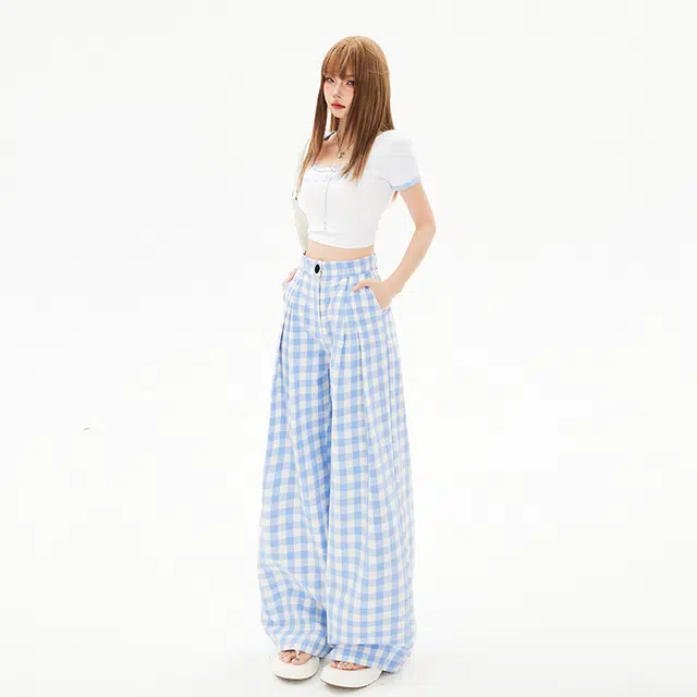 花蔓色 复古宽松慵懒风高腰格子休闲风时尚百搭休闲裤 女款 蓝色系单品