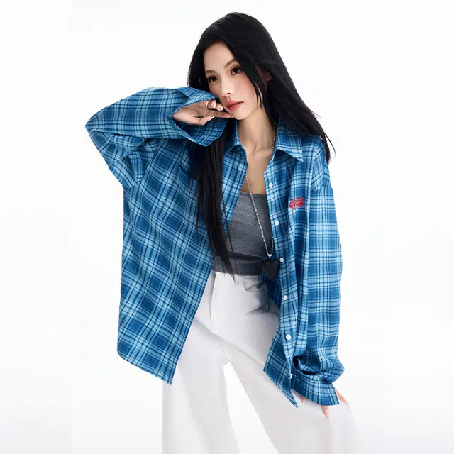 玫丝朵 休闲宽松格子长袖衬衫 女款 蓝色