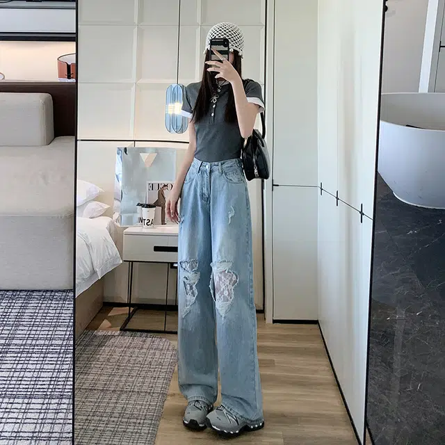 玫丝朵 美式辣妹破洞蕾丝高腰宽松百搭直筒牛仔裤 女款