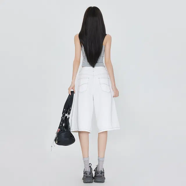 玫丝朵 美式简约百搭设计宽松休闲五分牛仔短裤 女款 白色